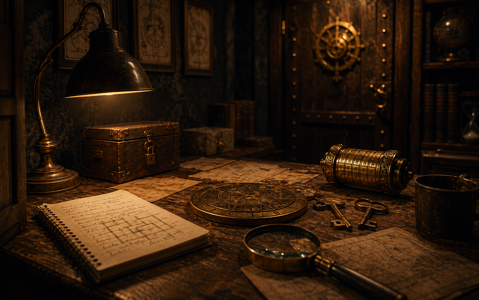 A warm escape room table with keys, maps, puzzle props and a brass lamp